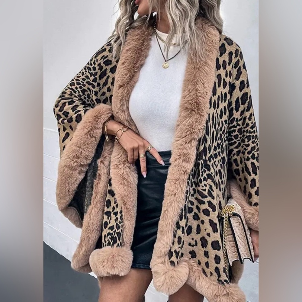 🩷 COZY FAUX FUR OPEN FRONT KHAKI LEOPARD JACQUARD KNIT CAPE SHAWL CARDIGAN 🩷